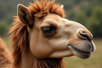 Obraz premium Camel with Humorous Expression Against Blurred Natural Background