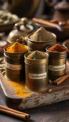 Four small metal containers filled with spices like turmeric, cardamom, and cinnamon, arranged on a wooden board.
