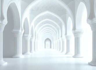 White arched corridor, ornate pillars, receding perspective