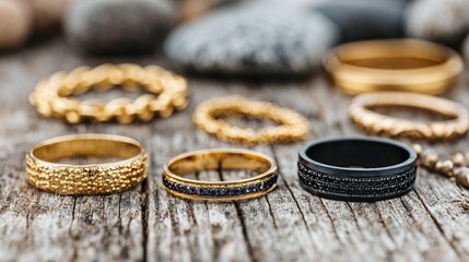 Gold and black rings displayed on a rustic wooden surface.