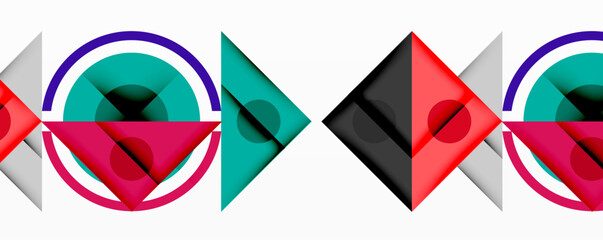 Abstract geometric shapes, circles, triangles, squares. Vivid colors create dynamic composition. Minimalist design, modern aesthetic.
