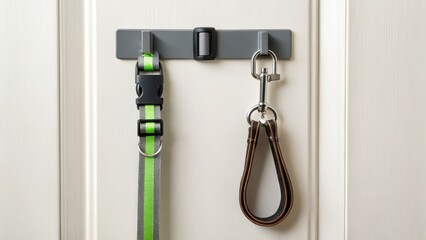 Dog leashes hanging on a wall-mounted holder for easy access.