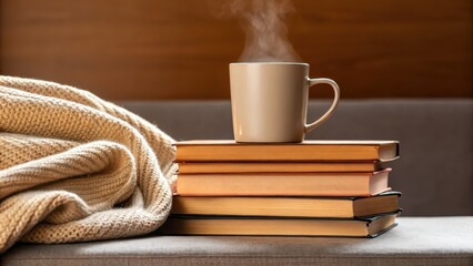 Cozy scene with a steaming mug on stacked books and a soft blanket.