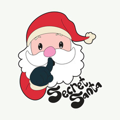Cute Secret Santa holding finger on lips making shhh gesture, ideal for Christmas greeting cards, fun holiday stickers, cheerful winter designs, and festive seasonal decoration projects