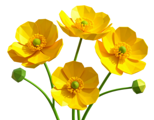 Low Poly 3D Render of Bright Yellow Buttercup Flowers, isolated on transparent background