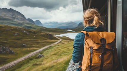 Woman traveler gazing at mountain landscape