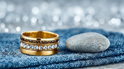 Gold ring with sparkling crystals sits atop a denim backdrop.