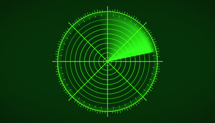 Illustration of a radar screen in green with scanning beam on dark background - virtual dashboard interface.