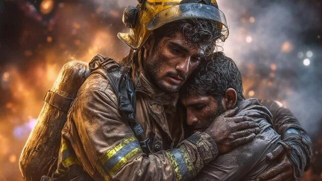 The Firefighter's Embrace: In the heart of a chaotic inferno, a brave firefighter extends comfort to a survivor, his face etched with empathy. The scene captures a moment of selfless heroism.
