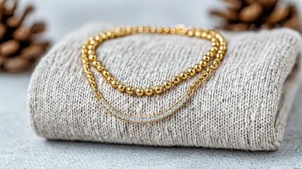 Gold beaded bracelet with diamond accents resting on a textured knit fabric.