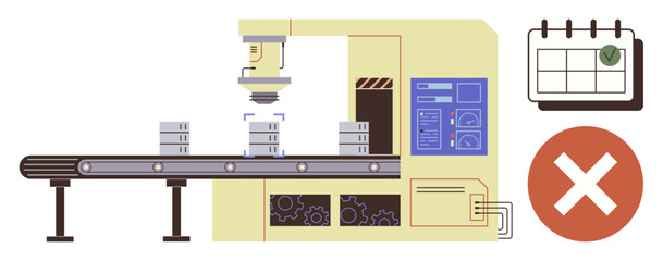 Conveyor system inspecting goods with robotic equipment, rejected product highlighted, and a calendar icon. Ideal for manufacturing, quality control, automation, deadlines, workflow, scheduling