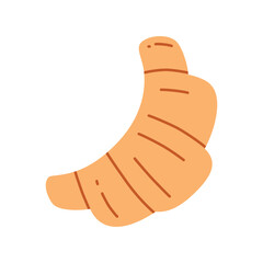 Flat cartoon vector illustration of croissant in doodle style. Tasty pastry for breakfast menu, cafe decoration, bakery branding, packaging design. Cute icon for culinary content, snack themes