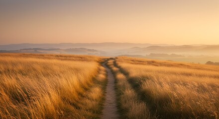 Obraz premium Golden grassy field leading to a distant horizon with mountains in the background, symbolizing peace and nature.