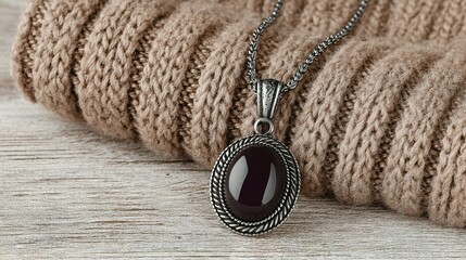 Dark-colored gemstone pendant on a chain resting on a knitted fabric.