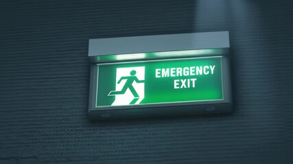 Emergency exit sign illuminated in dark building corridor emergency exit sign night time warning sign night time safety signage wall mounted sign emergency sign modern warning signage - Powered by Adobe