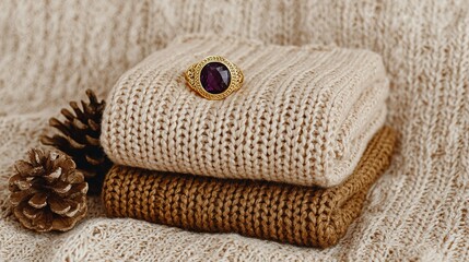Knitted sweaters and a golden ring rest on a textured surface.