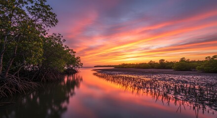 Fototapeta premium Tropical Mangrove Forest Framed by a Fiery Sunset