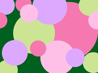An abstract background features various sized circles in pastel pink, purple, and light green, overlaid on a dark green backdrop, creating a playful and modern design
