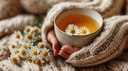 Hands gently holding chamomile tea cup, comforting emotional support visual, warm tones, soft background, mindful self-care moment, cozy interior scene