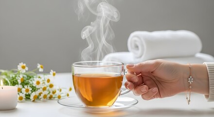 A hand holding a clear glass cup of steaming tea near a stack of white towels and chamomile flowers with a lit candle on a white surface against a gray background.