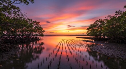 Obraz premium Beautiful Sunset Behind Mangrove Trees and Roots