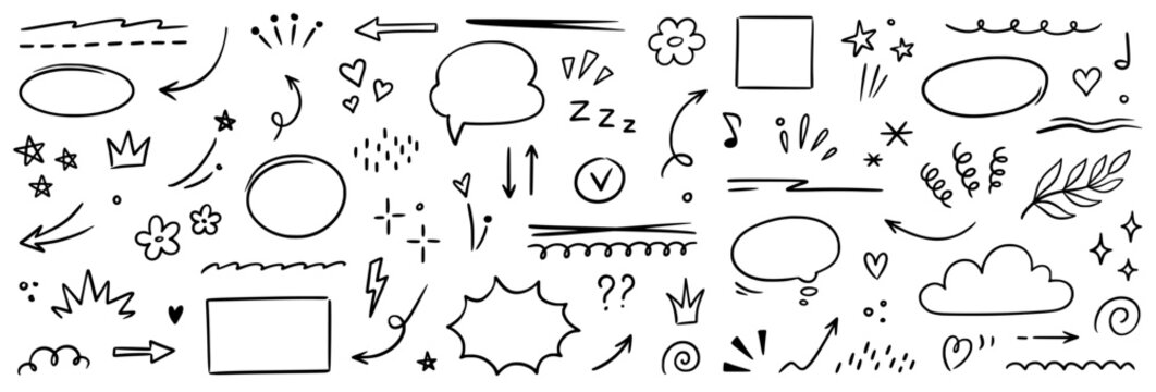 Line brush heart vector set. Hand drawn marker pen stroke star, flower, pencil arrow speech bubble cloud highlight shape icon. Cute sketch text scribble sparkle check underline. Vector illustration