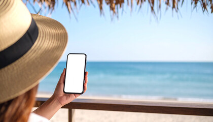 Over shoulder view of the hand holding a blank screen smartphone in a sea scene.
