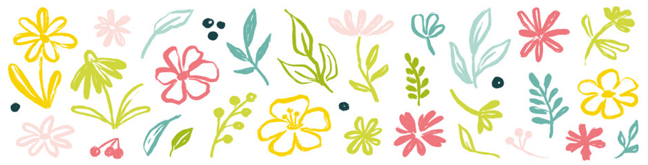 Flower brush hand drawn paint set. Hand drawn floral leaf elements with brush stroke in black ink and sketch texture. Wild botanical art for spring nature color design. Vector illustration