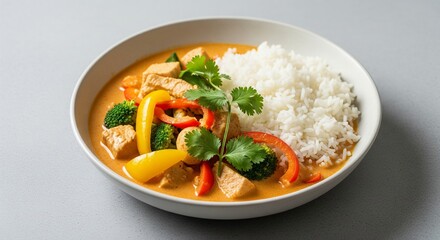 Delicious Thai Red Curry with Rice and Fresh Herbs in a White Bowl