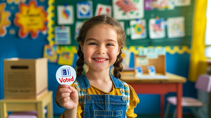 Smiling child holding "I Voted" sticker in classroom with ballot box