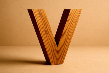 Minimalist Reclaimed Pine Wood Letter V – Angled Wooden Alphabet Design with Natural Grain in Soft Ambient Lighting for Eco-Friendly Typography and Rustic Decor Concepts