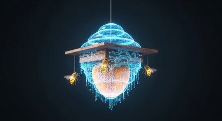 Futuristic beehive design with digital honeycomb structure and artificial intelligence controlled environment for bee colony.