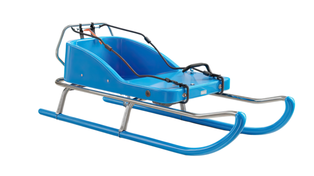 Winter Adventure's Companion: A vibrant blue sled stands ready, a promise of exhilarating winter escapades, offering a blend of practicality and playful design for snowy terrain.