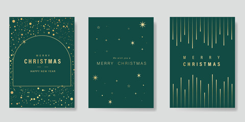 Luxury christmas and happy new year holiday cover template vector set. Gold twinkling star on green background. Design for card, corporate, season's greeting, wallpaper, poster. © babeer