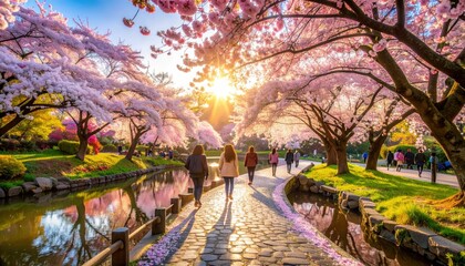 Serene Sunset Stroll: Cobblestone Path Under Blossoming Cherry Trees