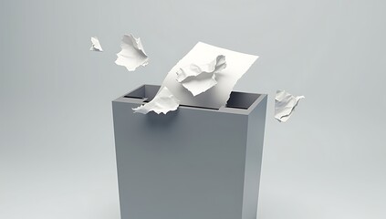 A minimalist 3D render of a paper ballot halfway shredded, emerging from a sleek office shredder, symbolizing voter suppression and election fraud — shown on a neutral grey background.

