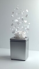 A minimalist 3D render of a paper ballot halfway shredded, emerging from a sleek office shredder, symbolizing voter suppression and election fraud — shown on a neutral grey background.

