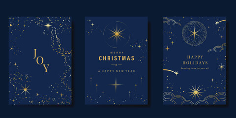 Luxury christmas and happy new year holiday cover template vector set. Gold twinkling star, meteor, cloud on navy blue background. Design for card, corporate, season's greeting, wallpaper, poster.