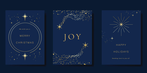 Luxury christmas and happy new year holiday cover template vector set. Gold twinkling star on navy blue background. Design for card, corporate, season's greeting, wallpaper, poster.