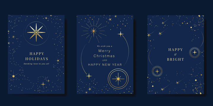 Luxury christmas and happy new year holiday cover template vector set. Gold twinkling star, meteor on navy blue background. Design for card, corporate, season's greeting, wallpaper, poster.