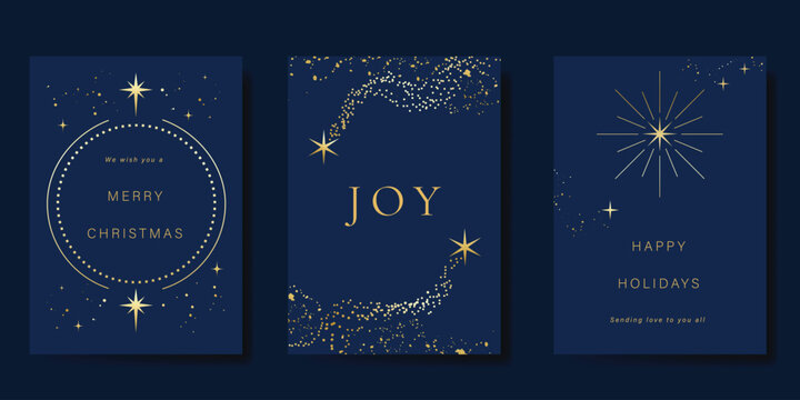 Luxury christmas and happy new year holiday cover template vector set. Gold twinkling star on navy blue background. Design for card, corporate, season's greeting, wallpaper, poster.