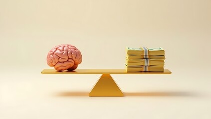 A minimal 3D render of a golden balance scale with a brain on one side and a stack of money on the other, symbolizing ethics versus profit, mental health versus capitalism — placed on a soft shadow ba