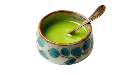 A vibrant green sauce in a decorative bowl with a spoon. transparent background