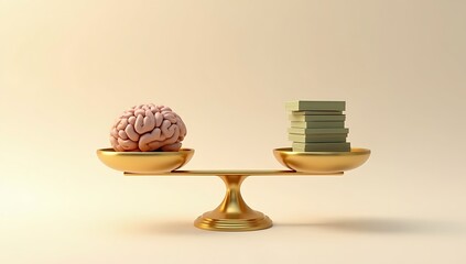 A minimal 3D render of a golden balance scale with a brain on one side and a stack of money on the other, symbolizing ethics versus profit, mental health versus capitalism — placed on a soft shadow ba