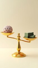A minimal 3D render of a golden balance scale with a brain on one side and a stack of money on the other, symbolizing ethics versus profit, mental health versus capitalism — placed on a soft shadow ba