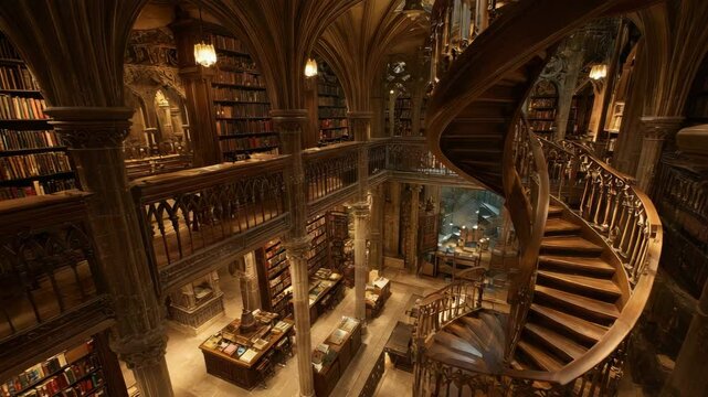 library with spiral staircase, gold-leafed books, gothic arches, and dim ambient lighting