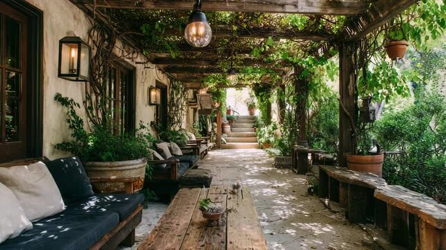 A cozy rustic patio with a pergola covered in vines, vintage lanterns, and handmade wooden furniture surrounded by greenery