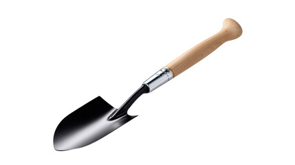 Gardening Trowel: A detailed shot of a sturdy gardening trowel with a polished metal blade and a natural wooden handle, ready to assist in various planting tasks.