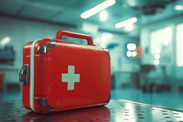 Red first-aid kit on a metal surface in a hospital setting.