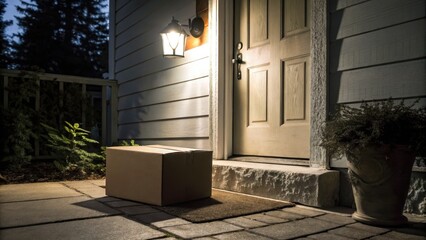 A package placed at a home's front door at night.